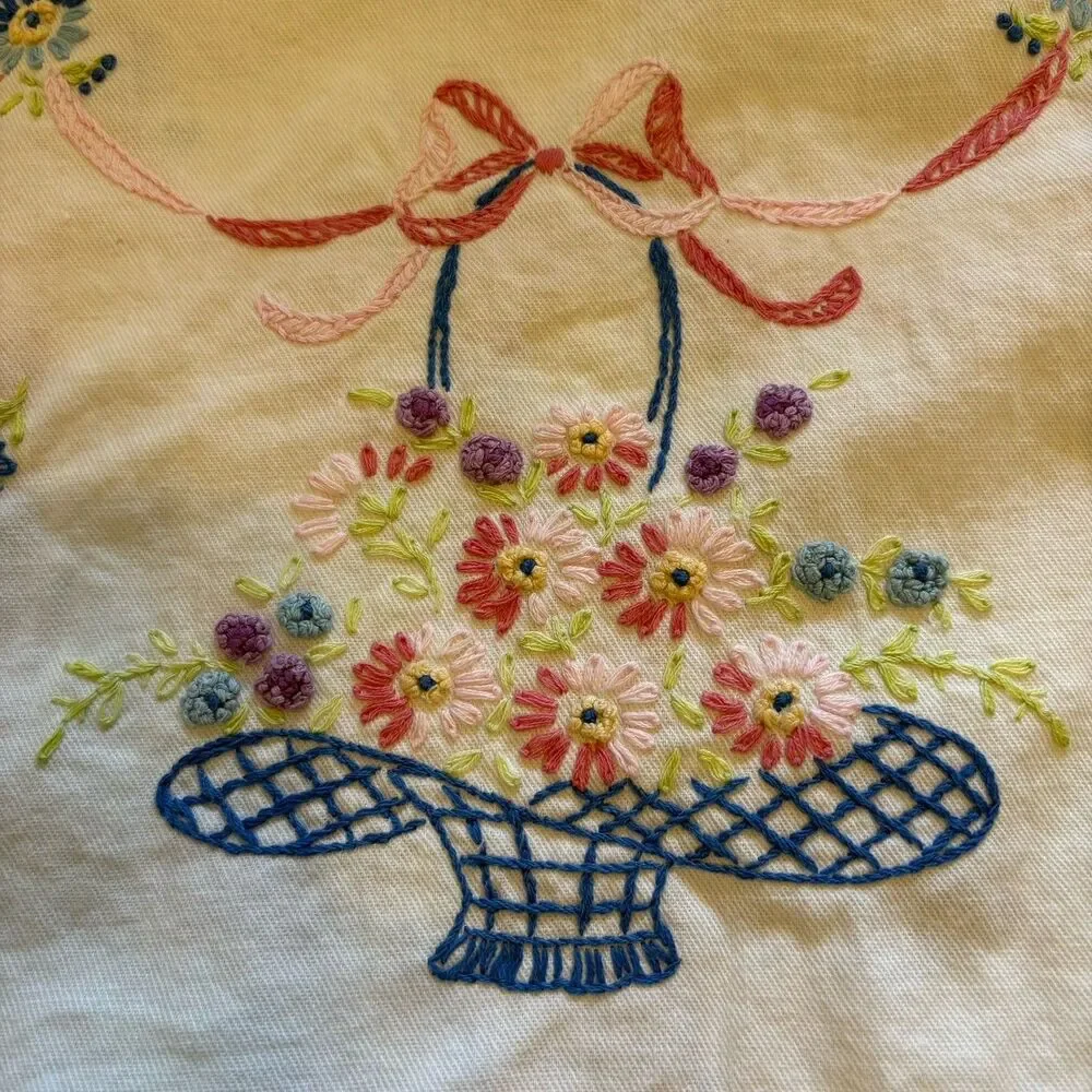 Embroidered Dresser Scarf Table Runner Vtg Basket Flowers Ribbon 30x13 White